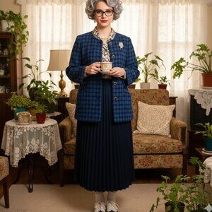 💙 Vintage 90s Houndstooth Coat Blue Gold L 🧥